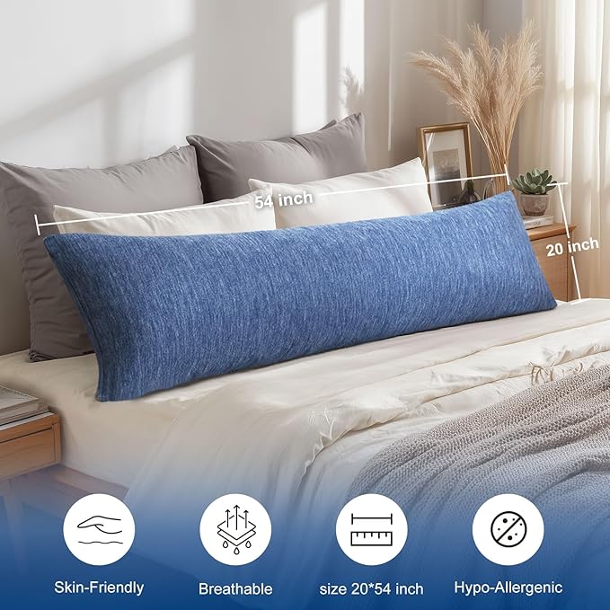 Hiasan Cooling Body Pillow for Adults, Long Memory Foam Body Pillow - Full Size Support for Side Sleepers & Pregnancy, Back Pain Relief, 20x54 Inches, Blue