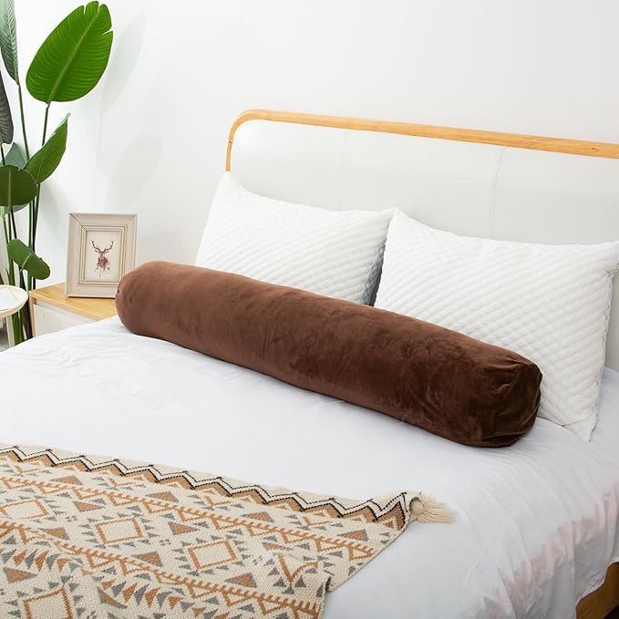 1 MIDDLE ONE Round Body Pillow for Adults, Long Bolster Pillow for Bed with Removable Velvet Cover, Decorative Tube Roll Cylinder Pillow, 47 x 7.87 Inch, Coffee