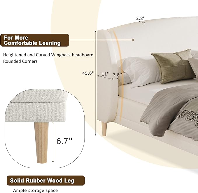 Queen Size Bouclé Upholstered Platform Bed Frame with Wingback Headboard, Rounded Corners, Modern Fabric Bed with Wood Slats Support, No Box Spring Needed, White