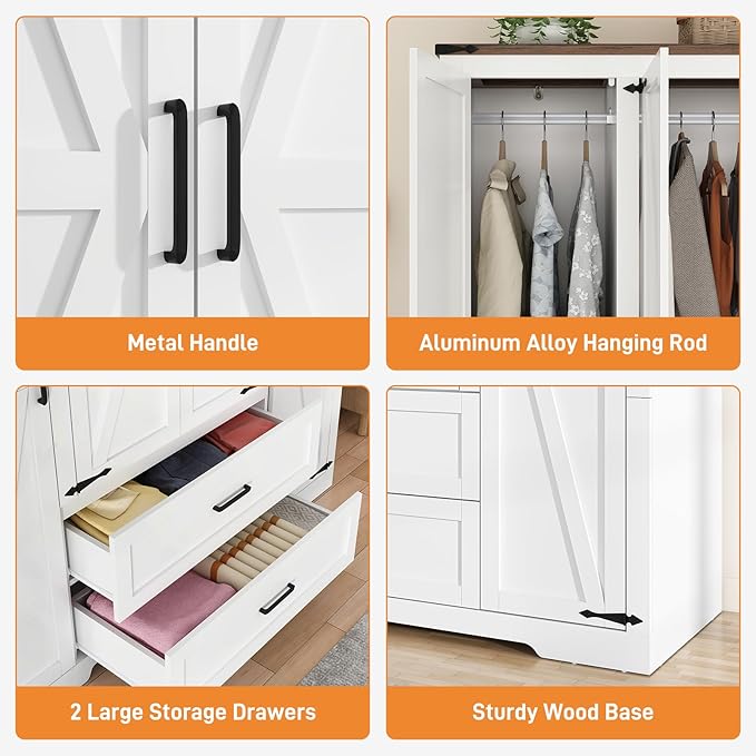 St.Mandyu Farmhouse Wardrobe Armoire Closet with 4 Doors and 2 Drawers, 70.1" Wooden Clothing Storage Cabinet, Freestanding Large Capacity Storage Wardrobe Armoire with Hanging Rod for Bedroom, White