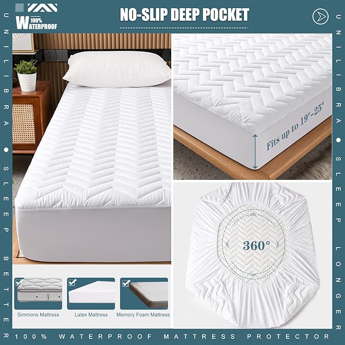 Twin Size Waterproof Mattress Protector Quilted, Breathable Ultra-Soft Filling Mattress Pad, Fitted Deep Pocket Mattress Cover Fits 6''-19'' Mattress White
