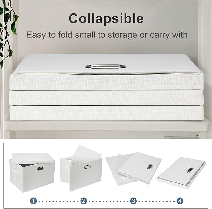 Graciadeco Large 17" 36 Quart Collapsible Stackable Storage Bins with Lids, 5 Packs White Linen Fabric Closet Boxes with Lids, Storage Cube Baskets Container Organizers for Bedroom Office(17 x12 x11)