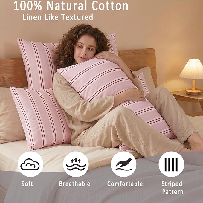 Merryword King Size Pillowcases, 100% Cotton Pillow Cases, Pink Striped Pillowcases, Soft Breathable Ribbon Stripe Pillow Covers, Set of 2