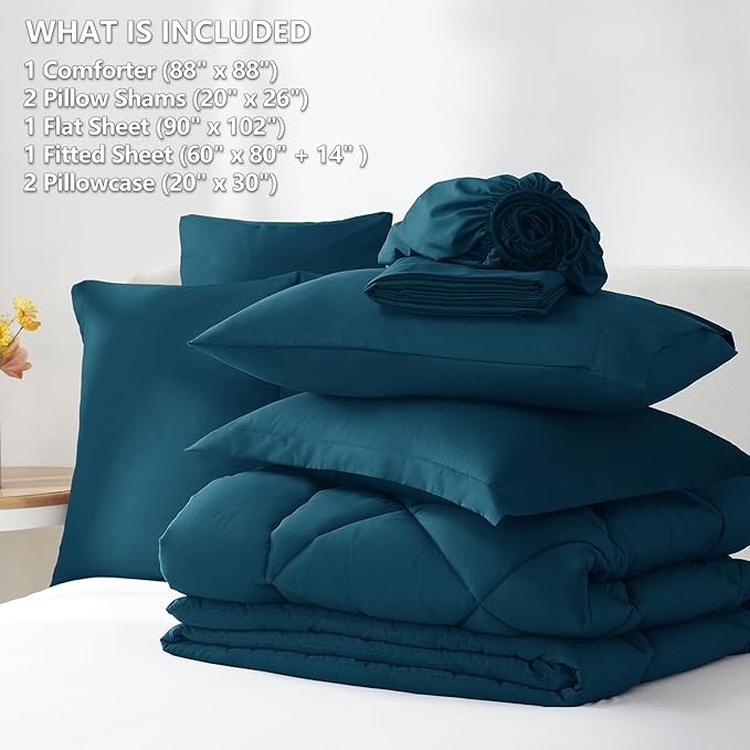CozyLux Queen Comforter Set Lyons Blue - Bed in a Bag Queen Size 7 Pieces, Luxury Soft Bed Set for All Seasons, Bedding Set with Down Alternative Comforter, Sheets, Pillowcases & Shams