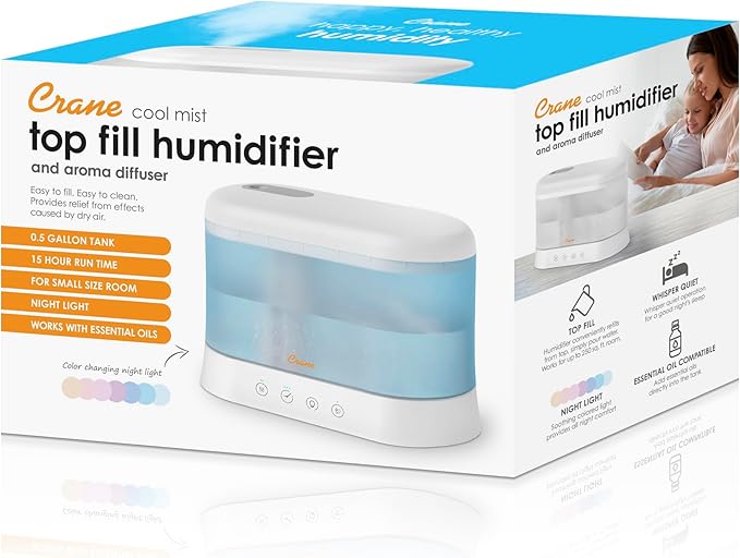 Crane 0.5 Gallon Top Fill Cool Mist Humidifier & Essential Oil Diffuser, Whisper-Quiet, 15-Hour Run Time, Night Light, Small Room Air Humidifier, Perfect For Office, Bedroom or Nursery