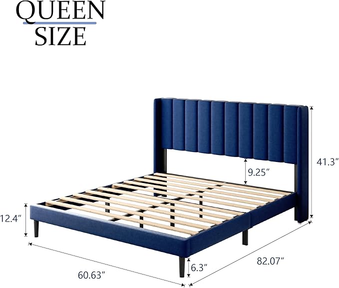 Gruwans Queen Size Bed Frame with Upholstered Wingback Headboard, Easy Assemnly Platform Bed, Wooden Slat Support No Box Spring Needed, Navy Blue