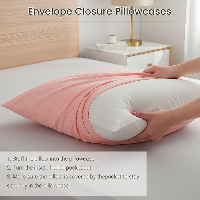 Brushed Microfiber Pillow Cases Standard Size Pillow Case-Envelope Closure Pillowcases Set of 2,Cooling & Moisture Wicking,Wrinkle Resistant-Bed Pillowcases 20" X 30"(Queen,Peach Pink)