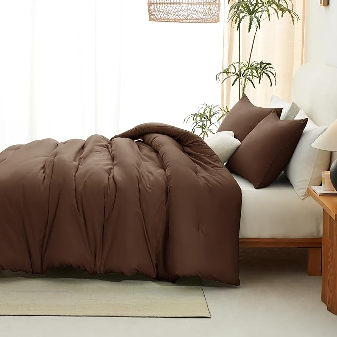 CozyLux Oversized Queen Comforter Set Brown, 3 Pieces 98x98 Solid Breathable Quilted Bedding Sets for All Season, Luxury Soft Lightweight Bed Set with Down Alternative Comforter and 2 Pillowcases