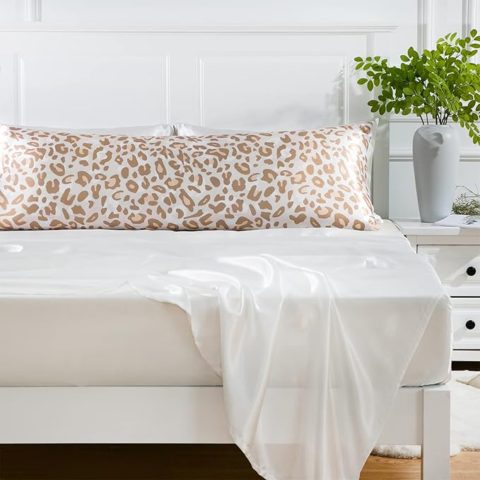 MR&HM Satin Body Pillow Cover, Soft and Breathable Body Pillow Case with Envelope Closure, Cooling and Silky Long Pillowcase for Hair and Skin,Grey (20x54, Champagne Leopard)