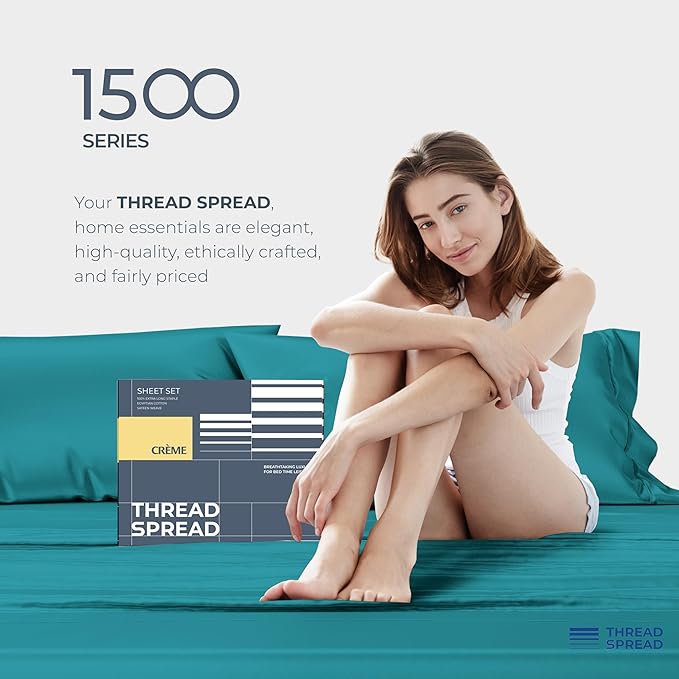 THREAD SPREAD 100% Egyptian Cotton Sheets Queen Size - Luxury 1500 Series Queen Sheet Set Egyptian Cotton (4 PC, Teal), Silky Soft, Sateen Weave, Cooling & Breathable, 17" Deep Pocket Bed Set