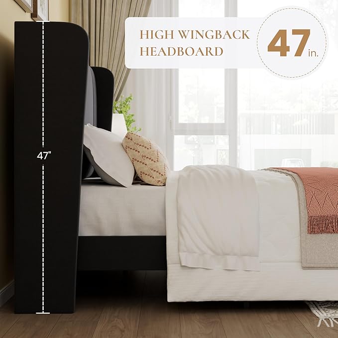 SHA CERLIN King Size Velvet Upholstered Platform Bed Frame with Vertical Channel Tufted Wingback Headboard, Wooden Slats Support, Easy Assembly, Under Bed Storage, No Box Spring Required, Black