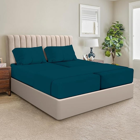 SGI Split King Sheet Set for Adjustable Bed Egyptian Premium Cotton 600 Thread Count Sheets for Sleep Number Bed 15" Deep Pocket 5 Pc Set with 2 Twin XL Fitted Sheets Soft Breathable -Teal