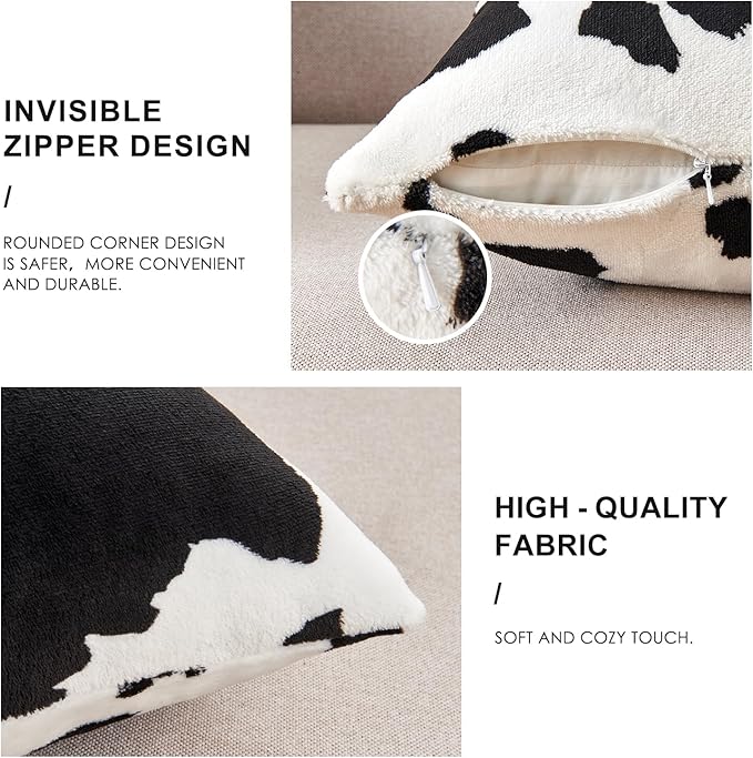 SOCHOW Decorative Throw Pillow Covers 18x18 Inches Set of 2, Soft Cow Print Flannel Fleece Pillowcase Square Cushion Covers for Sofa Couch Bed, Black/White