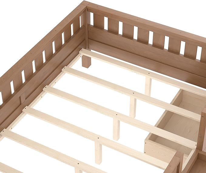 Bellemave Full Size Bed Frame with Storage Drawers & Bookshelf, Low Profile Kids Bed with Staircase & Full Length Guardrails, Solid Wood Full Size Bed Frame Kids with Slats Load 450 LBS, Oak Brown