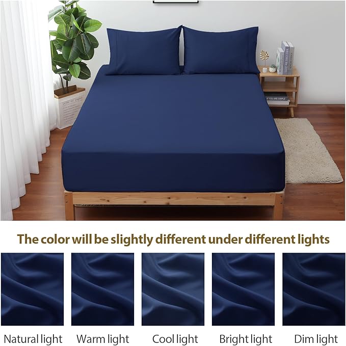 2-Pack Pure Cotton Fitted Sheet Full Size, 600 Thread Count 16" Deep Pocket Egyptian Cotton Fitted Sheet (2pcs, Full, Navy Blue)