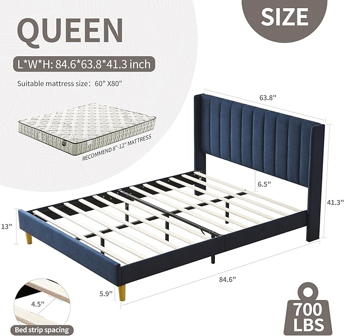 YUHUASHI upholstered Platform Bed Frame/Queen Bed Frame/Modern Geometric Double-Wing Design headboard/Linen Fabric/Easy to Assemble no Noise (Navy Blue, Queen (U.S. Standard))