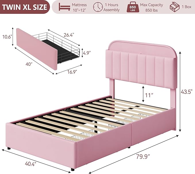 Garvee Twin XL Size Bed Frame with 2 Flexible Drawers, Velvet Upholstered Platform Bed Frame with Bookcase Headboard and LED Lights, Kids Bed for Girls, Easy Assembly, Noise Free, Pink