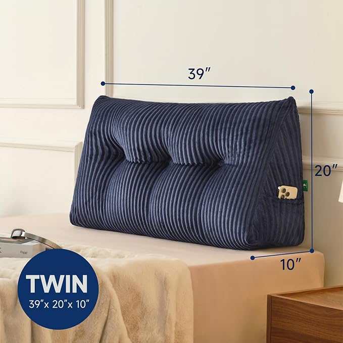 Z-hom Large Headboard Pillow Twin, NO ROLL Pillow, Wedge Pillow Headboard for Sitting Up in Bed, Backrest Support Triangular Cushion for Reading, Gap Pillow w/Removable Washable Cover,Blue