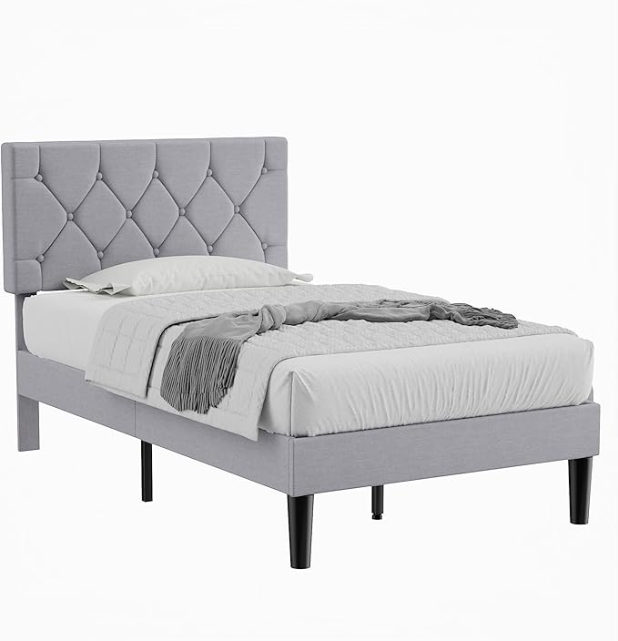 VECELO Twin Size Bed Frame with Button Tufted Headboard, Upholstered Platform Bedframe with Wood Slat Support, No Box Spring Needed, Velvet & White