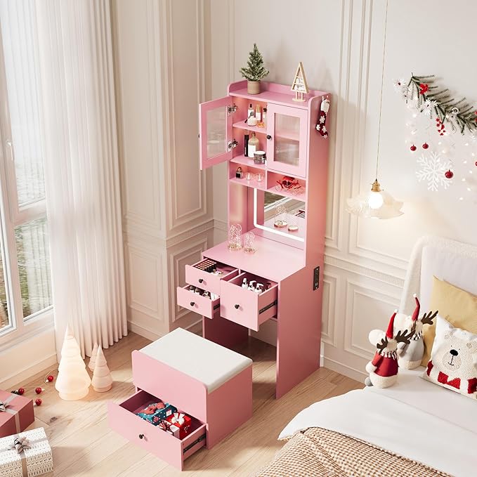 Garvee 3 in 1 Vanity Desk with LED Light, Tall Makeup Vanity Set with 2 AC Outlets & USB-c, Dressing Table with Drawers & Acrylic Doors, Nightstand Vanity Mirror, Jewelry Box, Cushioned Chair, Pink