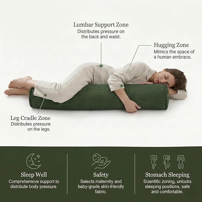Body Pillow for Adults – Corduroy Long Round Bolster Pillow for Bed, Cuddle Pillow with Full Support for Side Sleepers & Restful Sleep,39 x 7.87 Inches,Avocado Green
