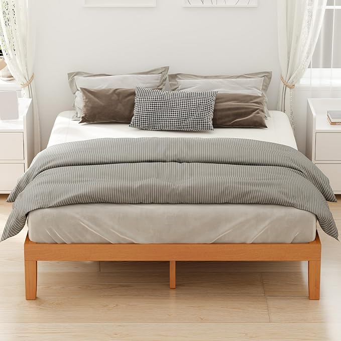 DUMOS King Size Bed Frame, Solid Wood Bed Base with Wood Slat Support, Sturdy, Stylish & Noise-Free Design, No Box Spring Needed, Easy Assembly, 12 in Natural Pine