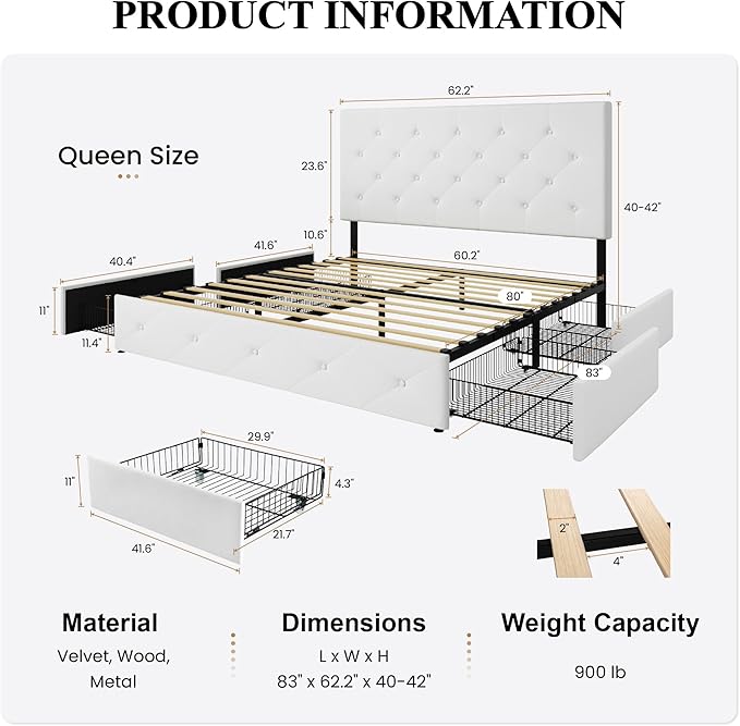SHA CERLIN Queen Platform Bed Frame with 4 Oversized Storage Drawers, Adjustable Headboard with Velvet Upholstery, Diamond Button Tufted Design, Wooden Slat Support, No Box Spring Needed, White