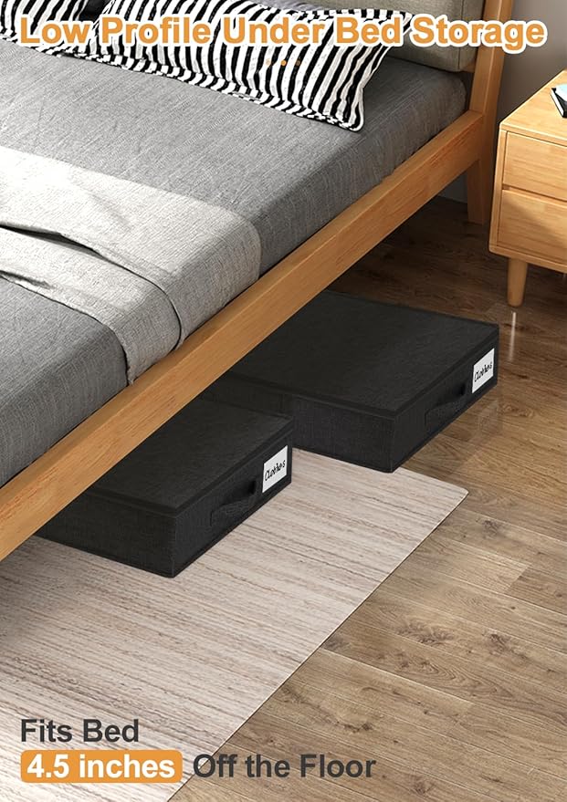 punemi 4.5 Inches Tall Under Bed Storage Containers, Low Profile Underbed Clothes Storage Organizer Bin with Sturdy Side & Bottom, Use as Shallow Dorm Storage Under Bed, Black, 2 Pack