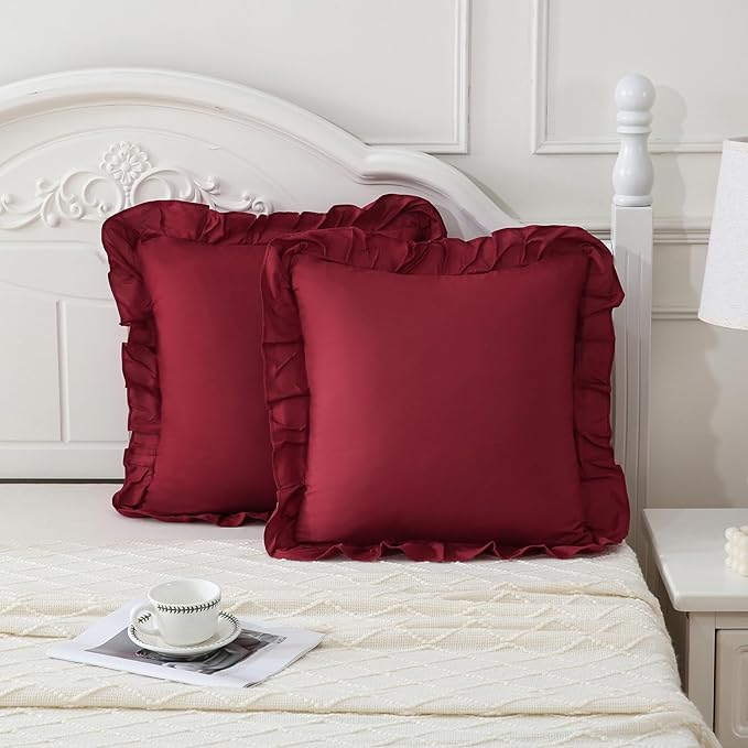 Merryword Burgundy Pillowcases 18x18 Cute Throw Pillow Covers Pack of 2 Ruffle Pillowcase Cushion for Couch Sofa Bedroom