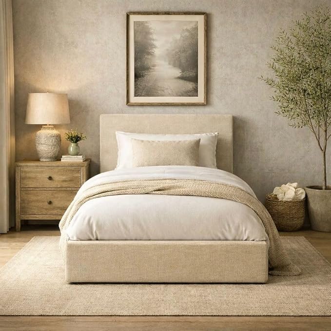 Square Bed – Washable Cover - Soft Upholstered Linen - Minimalist Modern - Sold Separately (Waterproof Beige Linen, Twin Headboard)