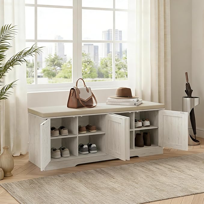 DINZI LVJ Shoe Bench, Entryway Storage Bench with Doors, Cushion, 2-Tier Shoe Rack with 8-Cubby, 47.2”L x 13.8”W Farmhouse Shoe Organizer Cabinet, Adjustable Shelf, Living Room, Bedroom, Rustic White