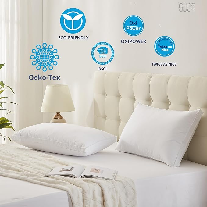 puredown Goose Down Feather Pillows with 100% Cotton Cover, Soft Gusseted Bed Hotel Collection Pillows for Sleeping, Set of 2, Queen Size