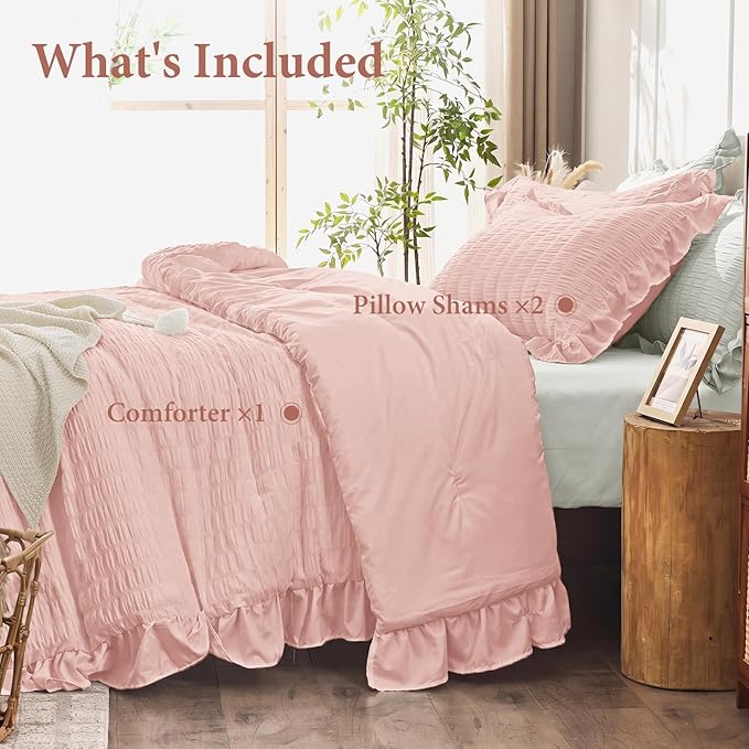 JOLLYVOGUE Full Size Comforter, 3 Pieces Rose Gold Seersucker Lightweight Full Size Bedding, All Season Fluffy Microfiber Bedding Comforter Set with 1 Ruffle Comforter and 2 Ruffle Pillowshams