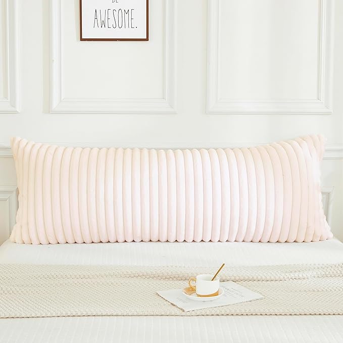 JAUXIO Faux Fur Fluffy Body Pillow Cover Luxury Textured Vertical Stripe Plush Decorative Pillowcase, Ultra Soft and Cozy with Zipper Closure 21 x 54 Inches, Beige
