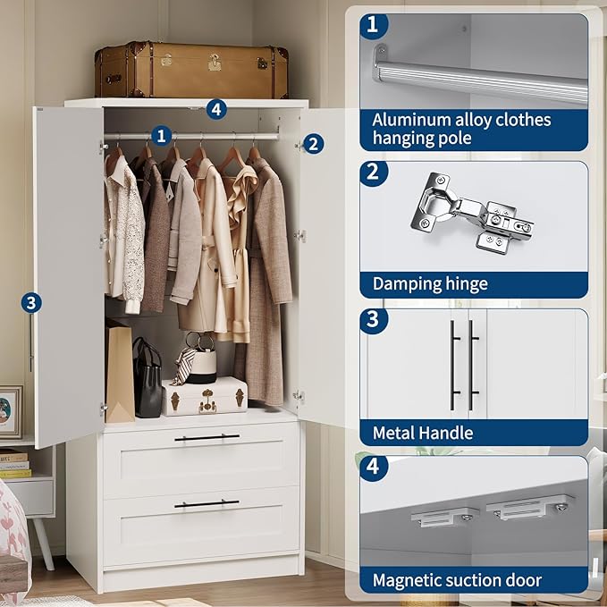 Garvee Armoire Wardrobe Closet with 2 Drawers, 70 in Tall Clothing Storage Cabinet with 2 Doors, Modern Bedroom Clothing Armoires with Hanging Rods, White