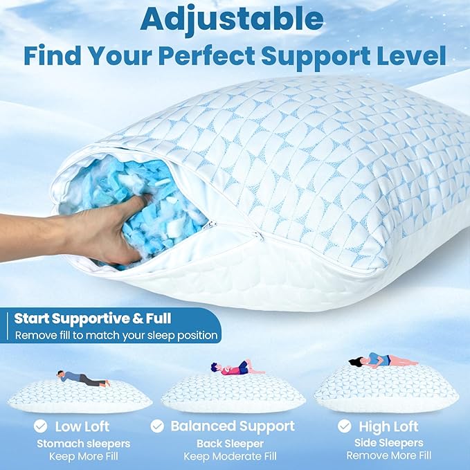 QUTOOL Firm Pillow Shredded Memory Foam, Cooling Pillow for Hot Sleeper, Adjustable Bed Pillow for Side Back Stomach Sleepers, Washable Cover, CertiPUR-US Certified, Standard Size
