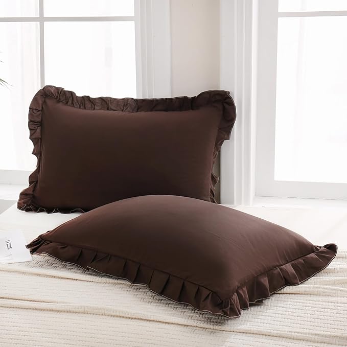 Merryword Dark Brown Pillow Shams Standard Pillowcases 20x26inch Chocolate Cute Pillow Cover Set of 2 Soft Shabby Chic Ruffled Pillowcases