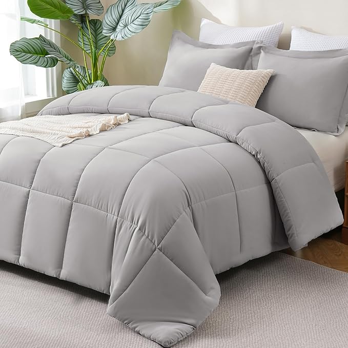 CozyLux King Size Comforter Set - 270GSM French Grey Bedding Sets for All Seasons, 3 Pieces Box Stitched Bed Set with 1 Down Alternative Comforter and 2 Pillow Shams, Soft, Lightweight, Durable