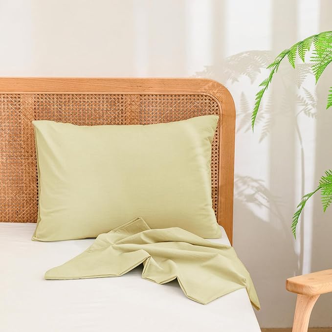 BESTOUCH 100% Washed Cotton Pillowcase for Hair and Skin Linen Feel Soft Comfortable Breathable 2 Set Pillow Case with Envelope Closure Solid Light Yellow Standard 20x26 Inches
