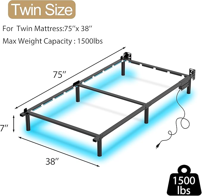Adjustable Bed Frame with Smart LED Lights & Charging Station,Sturdy Metal Platform Bed Base for Box Spring & Mattress,Headboard Compatible,Length Extendable,Twin/Full/Queen/King Size (7 Inch, Twin)