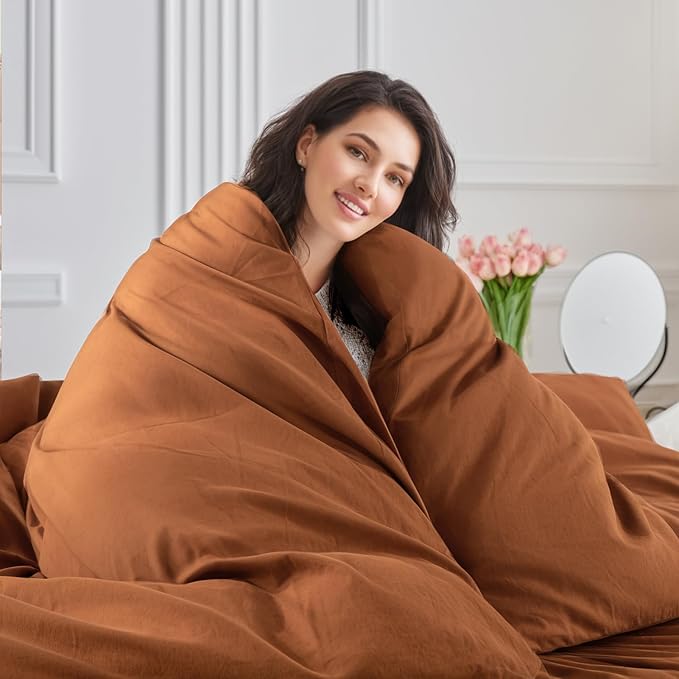 NEXHOME PRO Terracotta Burnt Orange Duvet Cover Set King Size Linen Textured Organic Natural 100% Washed Cotton Duvet Cover Fall Caramel 3 Pieces Bedding Set with Zipper Closure, Soft(No Comforter)