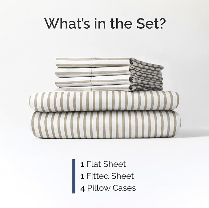 Cal King 6 Piece Sheet Set - Comfy, Breathable & Cooling - Soft Hotel Luxury Bedding for Women, Men, Kids, Teens & Children - 1 Flat & 1 Fitted Sheet & 4 Pillowcases w/ Deep Pockets - Beige Stripes 2