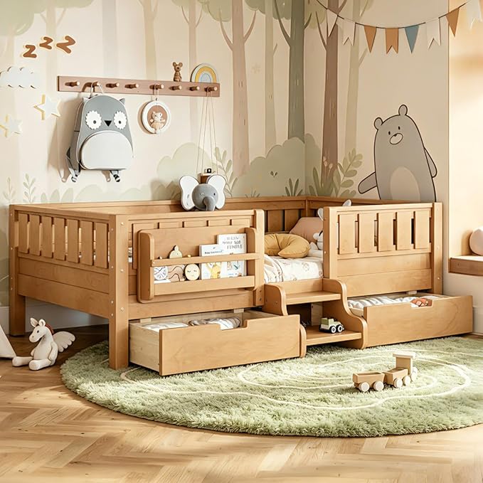 Bellemave Twin Bed with Storage Drawers & Bookshelf, Low Profile Kids Bed Frame with Staircase & Full Length Guardrails, Solid Wood Twin Bed for Kids with Slats Load 300LBS, Easy Assembly, Natural