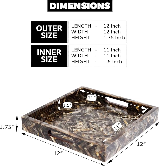 Handicrafts Home 12"x12" Decorative Tray, Resin Inlay Ottoman Coffee Table Tray with Handles, Square Serving Tray for Breakfast, Vanity, Centerpiece Decor for Living Room Dining