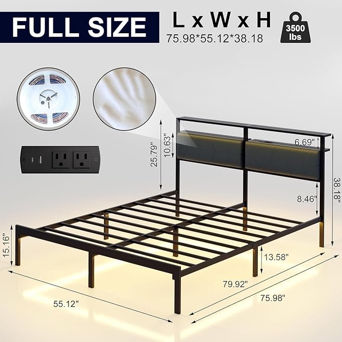 J.Fkne Full Bed Frame with LED Lights & Charging Station, Metal Platform Bed Frame with 2 Tier Storage Headboard, Under Bed Storage, No Box Spring Needed, Noise Free, Easy Assembly