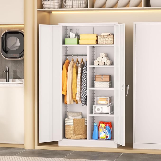 INTERGREAT 72”Tall Metal Wardrobe Cabinets with Lock,Clothing Storage Cabinets with Hanging Rod and 4 Adjustable Shelves，Closet for Home Living/Laundry Room/Department (White)