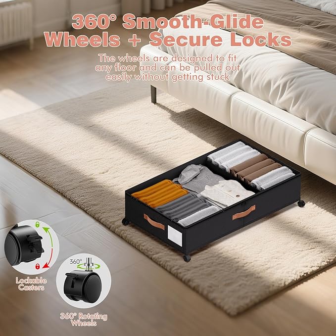 Under Bed Storage with Wheels - Rolling Underbed Containers with PVC Clear Lid & Dividers, 600D Oxford Fabric, PU Leather Handles, Adjustable Magic Tape Partition, XXL 66L, Black