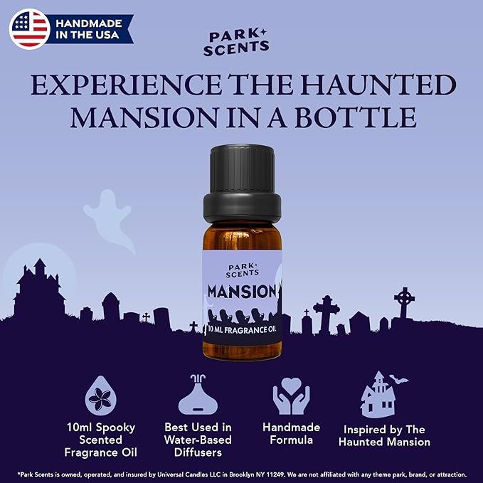 Park Scents Mansion Fragrance Oil – Theme Park Scented Essential Oils for Diffusers with Peony, Violet, Plum, Leather, Aged Wood, Amber, Musk, Vanilla – Made in USA, Home Aromatherapy Gifts (10ml)