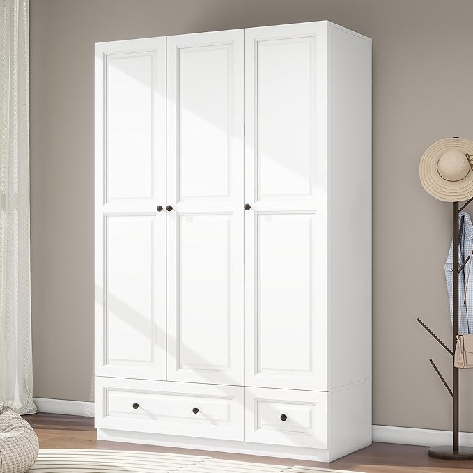 Armoire Wardrobe Closet with Drawers: 47" White Wardrobe Closet with 3 Doors and 2 Drawers, Wood Clothes Armoire with Hanging Rod, Clothing Storage Cabinet for Bedroom