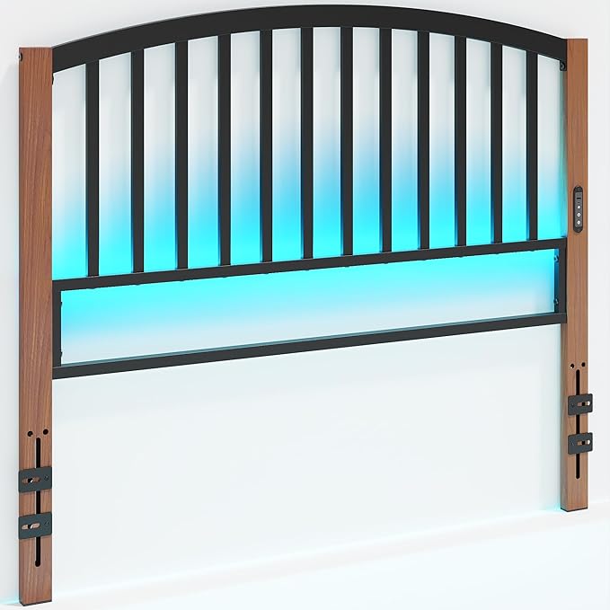 Weehom Full Size Headboard Only, Metal Bed Headboard with LED Light and Charge Station, Adjustable Height Full Headboard with Vintage Cherry Wood Grain Legs, Easy Assembly
